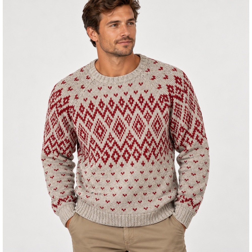 Fat Face Red Fair Isle Jumper Wool Blend Sweater Nordic Winter Cabin Mens Large